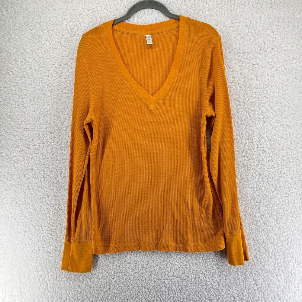 Old Navy Waffle Knit Thermal Top Women's Large Orange V-Neck Long Sleeve
